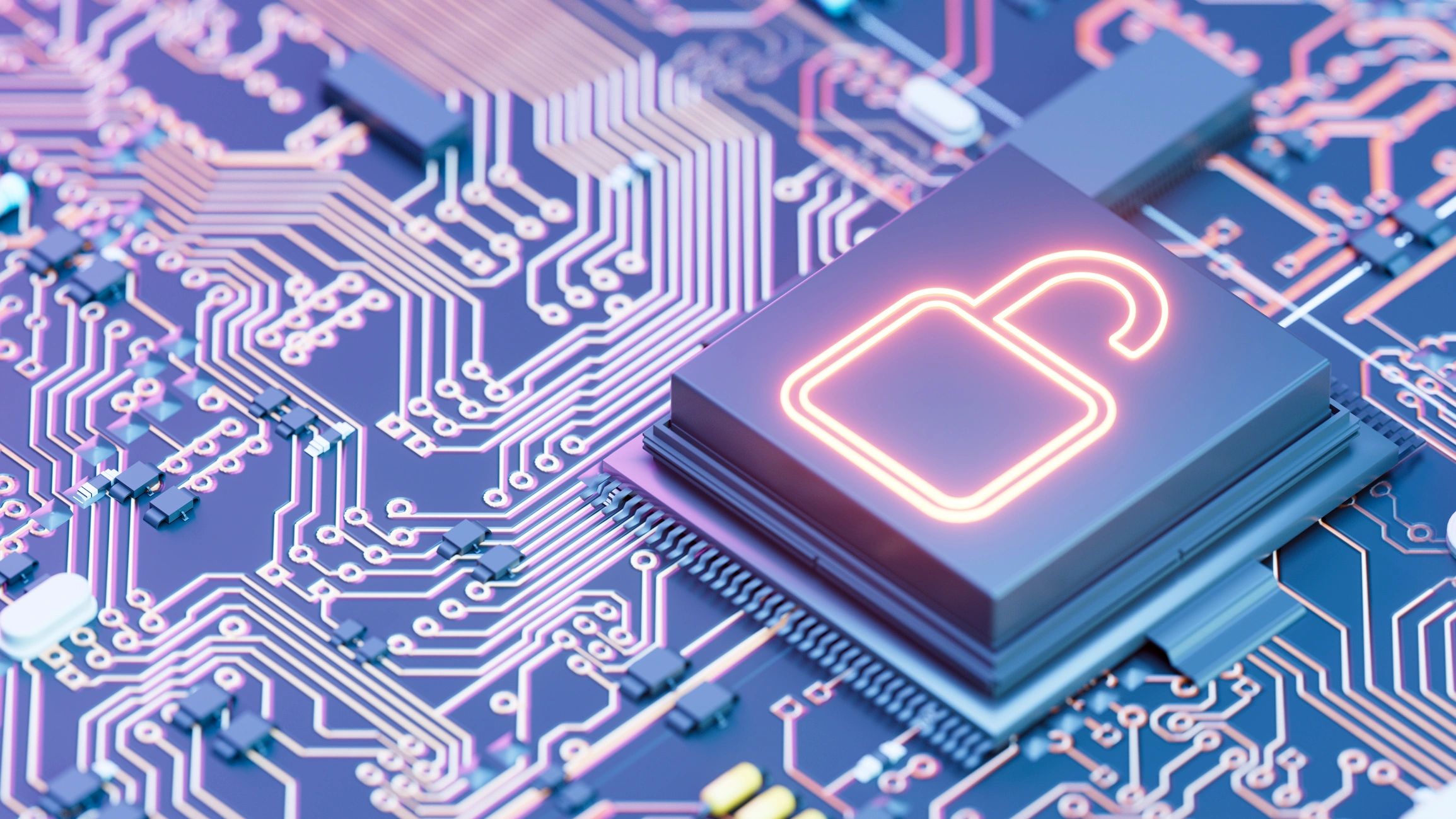 Abstract post-quantum security concept with padlock on microchip
